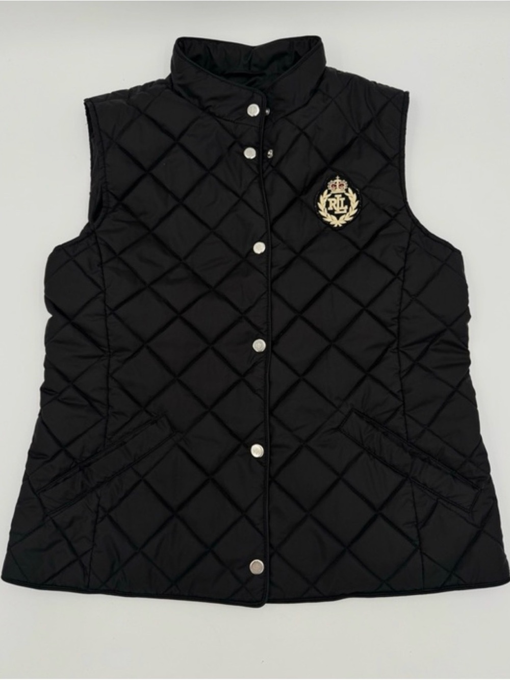 NWT LAUREN RALPH LAUREN BLACK LABEL Crest-Patch Diamond Quilted Vest Black L